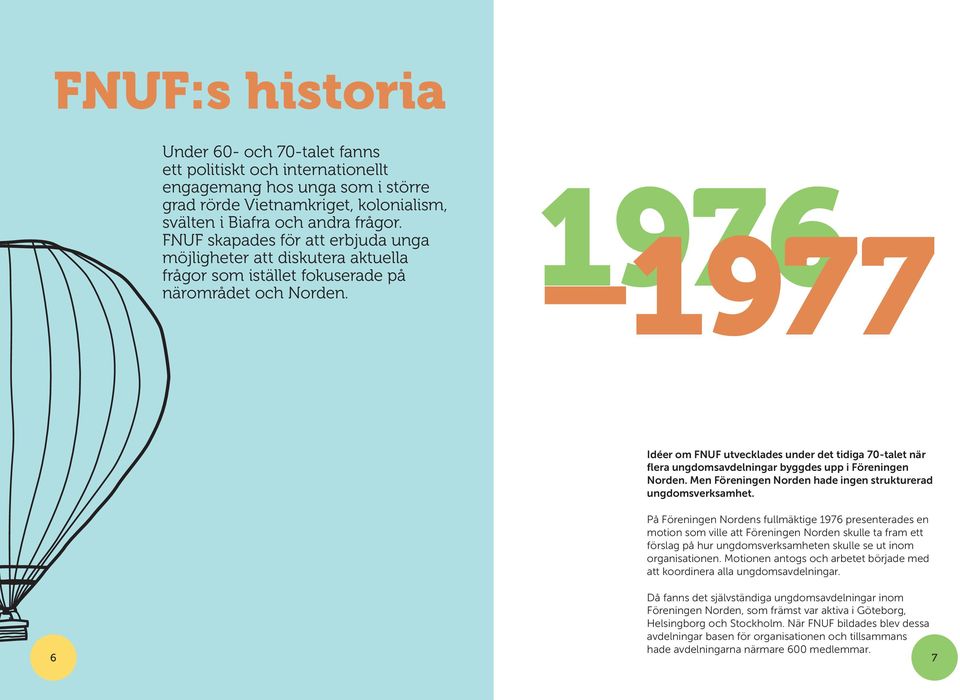 1976 1977 Idéer om FNUF utvecklades under det tidiga 70-talet när flera ungdomsavdelningar byggdes upp i Föreningen Norden. Men Föreningen Norden hade ingen strukturerad ungdomsverksamhet.