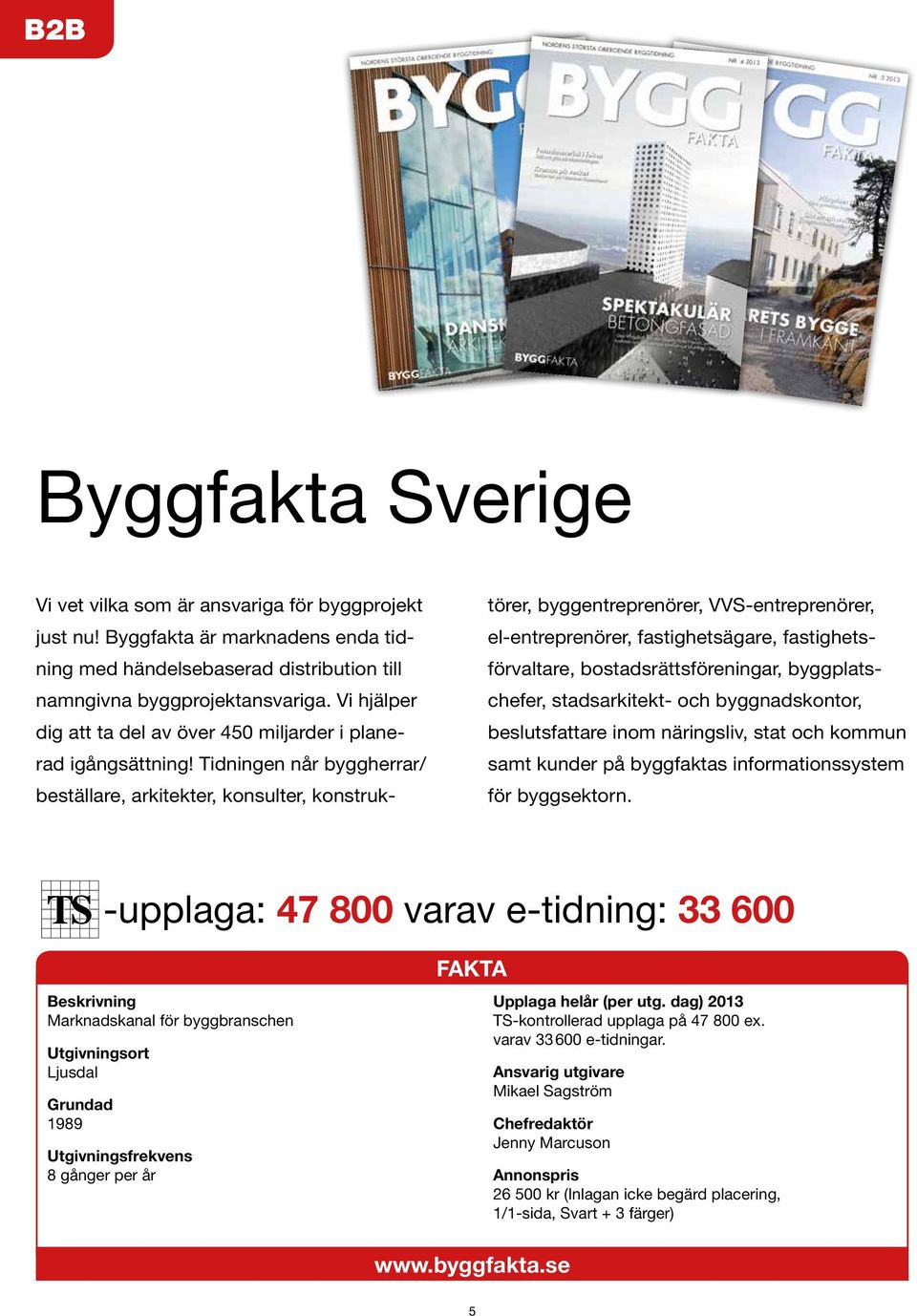 Tidningen når byggherrar/ beställare, arkitekt er, konsulter, konstruktörer, byggentreprenör er, VVS-entreprenörer, el- entreprenörer, fastighetsägare, fastighetsförvaltare, bostadsrättsföreningar,