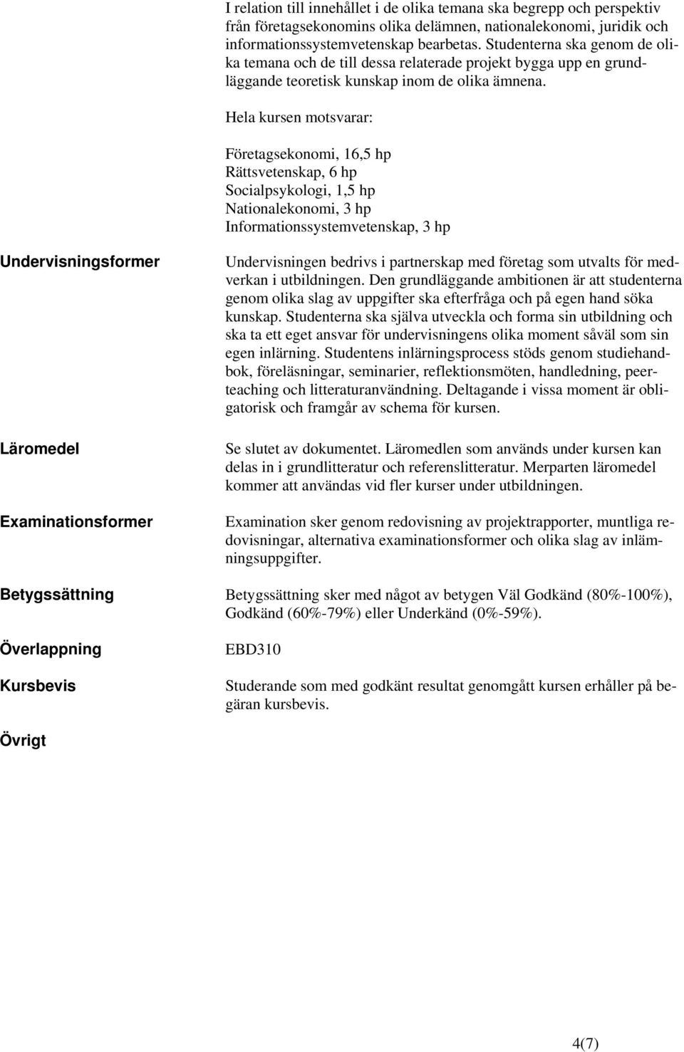 Hela kursen motsvarar: Företagsekonomi, 16,5 hp Rättsvetenskap, 6 hp Socialpsykologi, 1,5 hp Nationalekonomi, 3 hp Informationssystemvetenskap, 3 hp Undervisningsformer Läromedel Examinationsformer