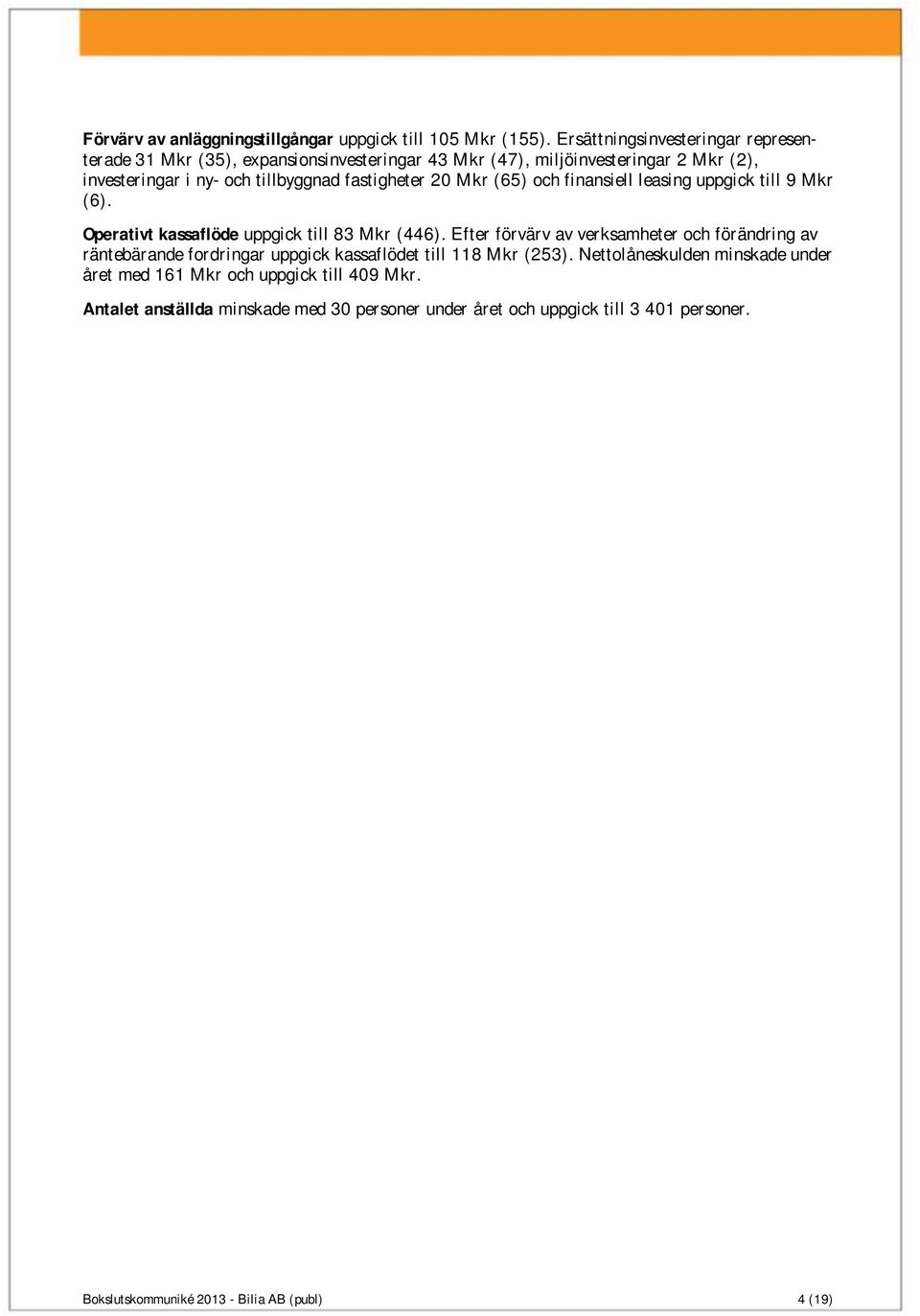 fastigheter 20 Mkr (65) och finansiell leasing uppgick till 9 Mkr (6). Operativt kassaflöde uppgick till 83 Mkr (446).