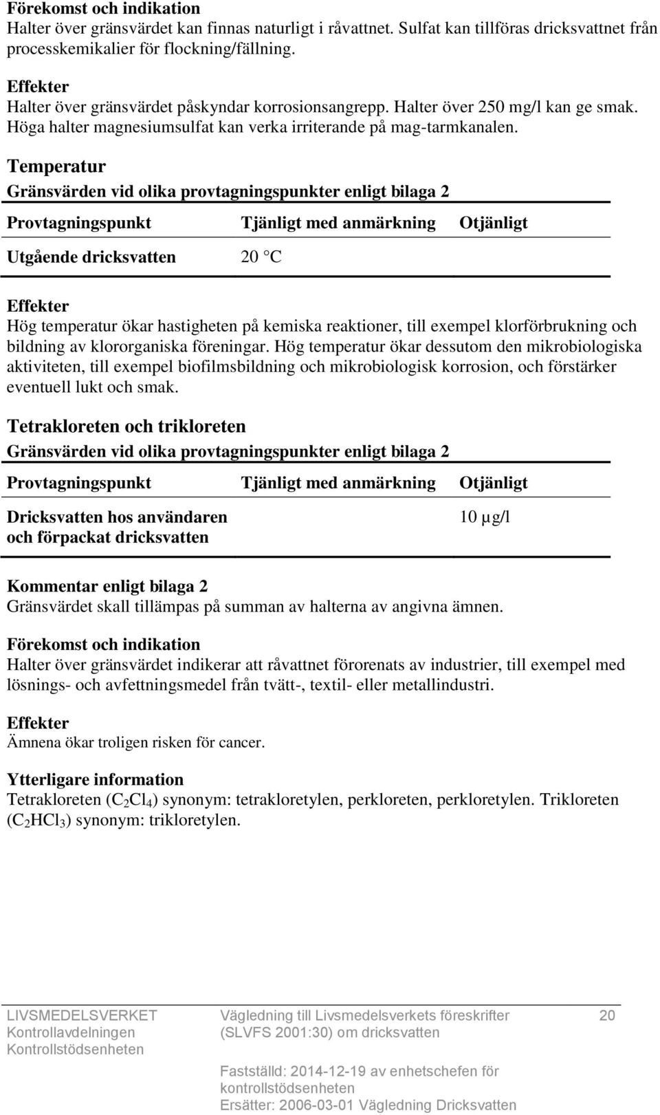 Temperatur Utgående dricksvatten 20 C Hög temperatur ökar hastigheten på kemiska reaktioner, till exempel klorförbrukning och bildning av klororganiska föreningar.