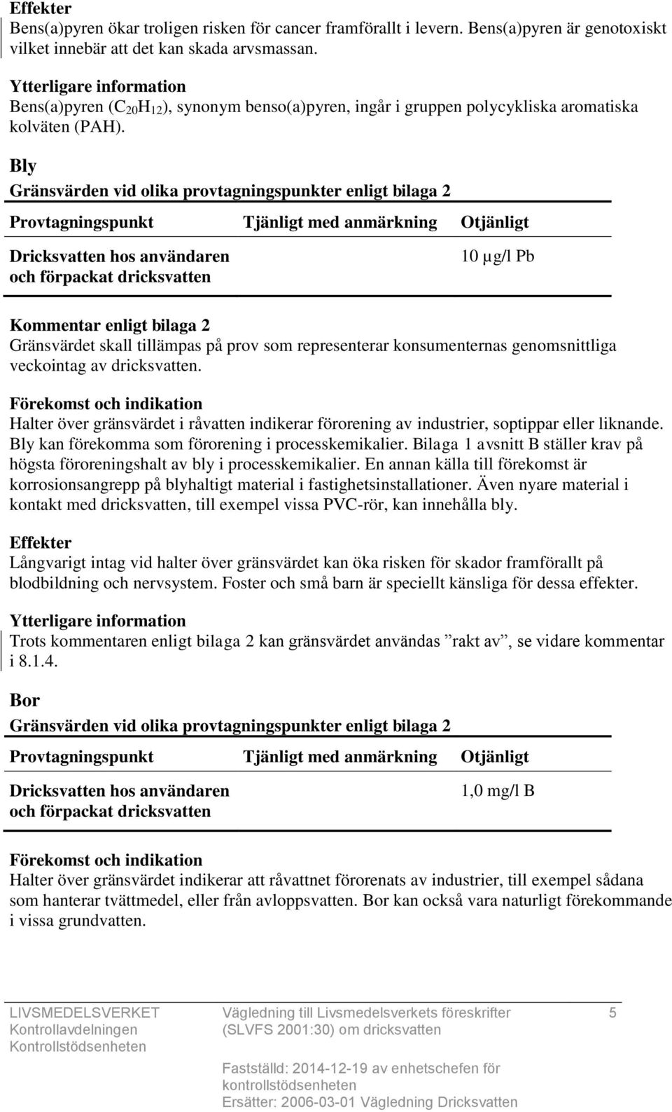 Bly 10 µg/l Pb Gränsvärdet skall tillämpas på prov som representerar konsumenternas genomsnittliga veckointag av dricksvatten.