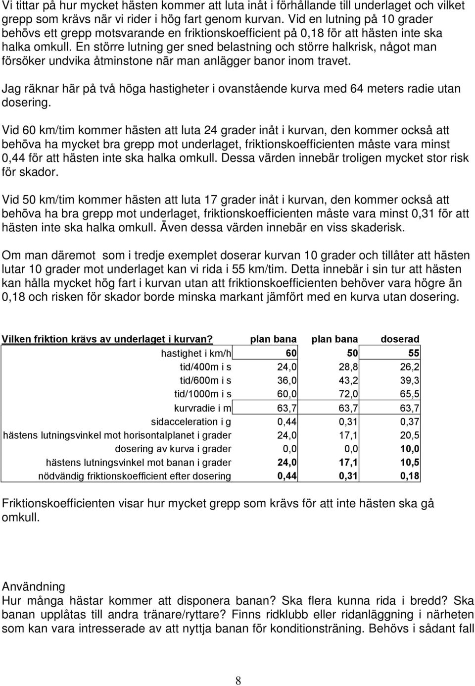 En större lutning ger sned belastning och större halkrisk, något man försöker undvika åtminstone när man anlägger banor inom travet.