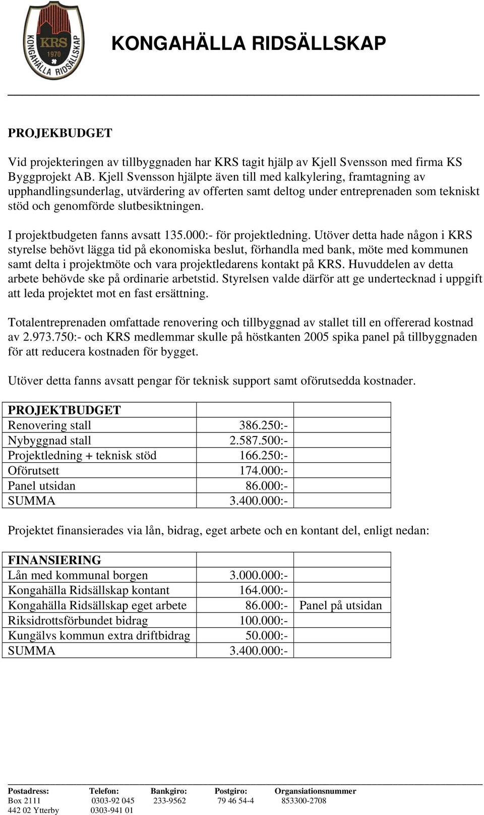 I projektbudgeten fanns avsatt 135.000:- för projektledning.