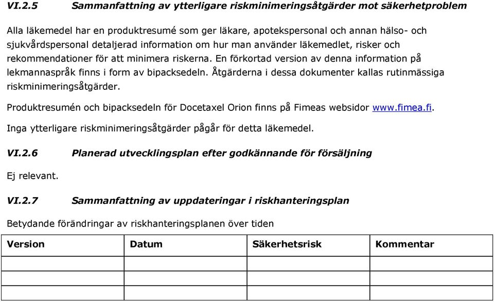 Åtgärderna i dessa dokumenter kallas rutinmässiga riskminimeringsåtgärder. Produktresumén och bipacksedeln för Docetaxel Orion finns på Fimeas websidor www.fimea.fi. Inga ytterligare riskminimeringsåtgärder pågår för detta läkemedel.