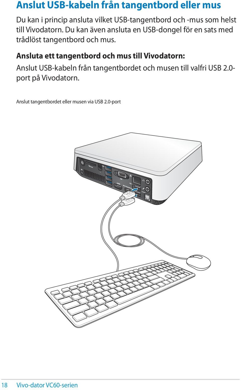 Ansluta ett tangentbord och mus till Vivodatorn: Anslut USB-kabeln från tangentbordet och musen till