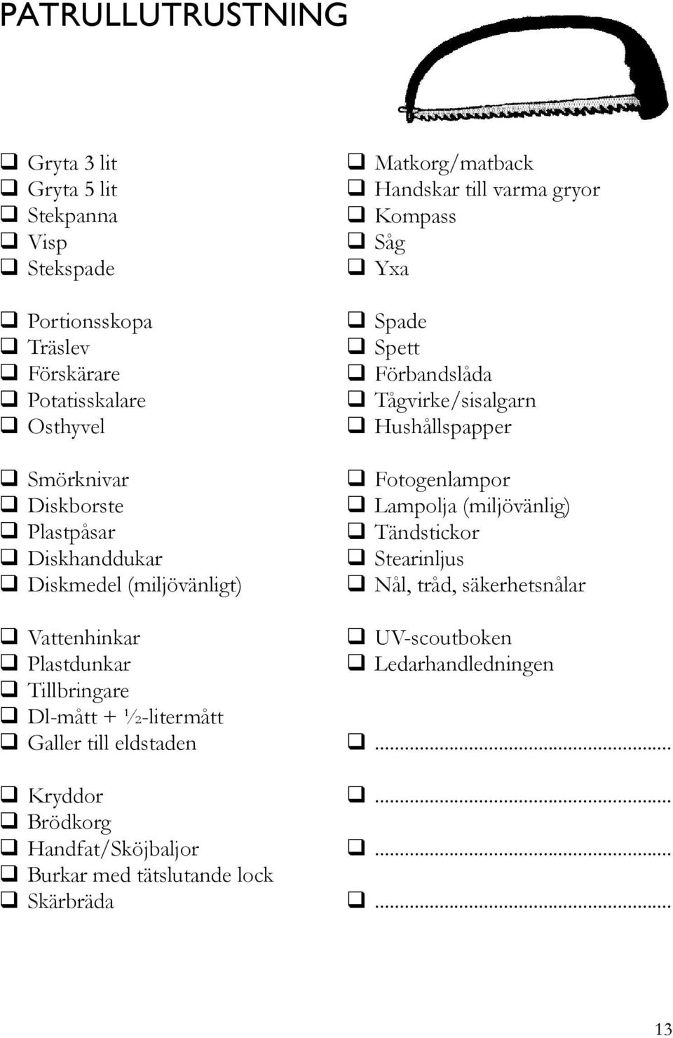 Handfat/Sköjbaljor q Burkar med tätslutande lock q Skärbräda q Matkorg/matback q Handskar till varma gryor q Kompass q Såg q Yxa q Spade q Spett q Förbandslåda q