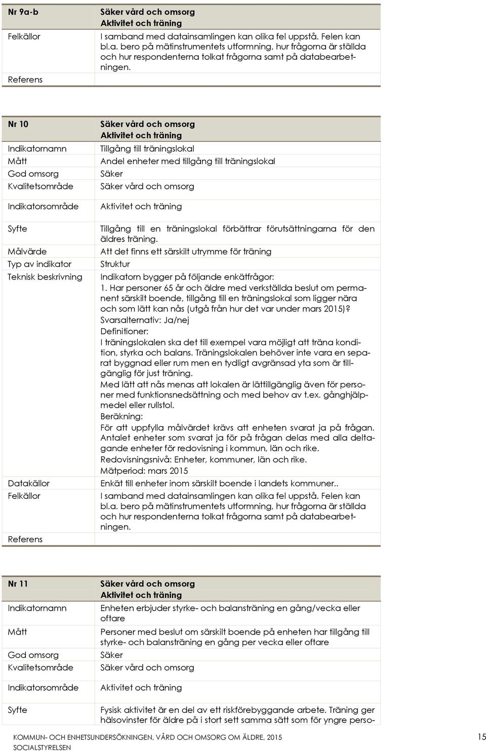 Har personer 65 år och äldre med verkställda beslut om permanent särskilt boende, tillgång till en träningslokal som ligger nära och som lätt kan nås (utgå från hur det var under mars 2015)?