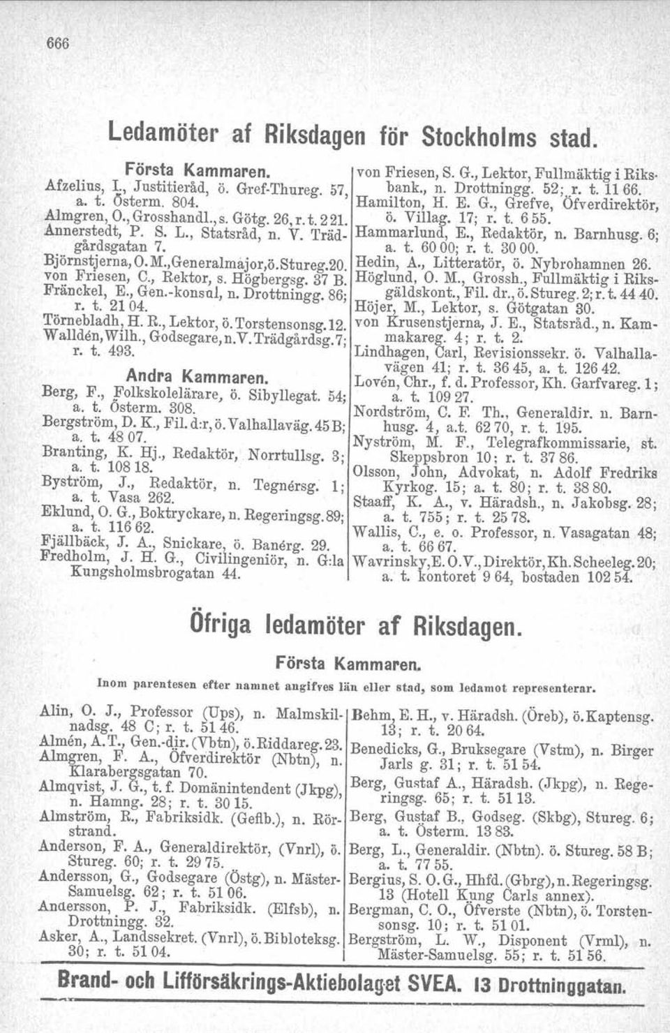 , Redaktor, n. Barnhusg. 6; gårdsgatan 7. a. t. 6000; r. t. 3000. Björnstjerna,0.M.,Generalmajor,ö.Stureg.20. H~din, A., Litteratör, ö. Nybro~aIJ;m~n~6. vo~ Friesen, C., Rektor, s. Högbergsg. 37 B.