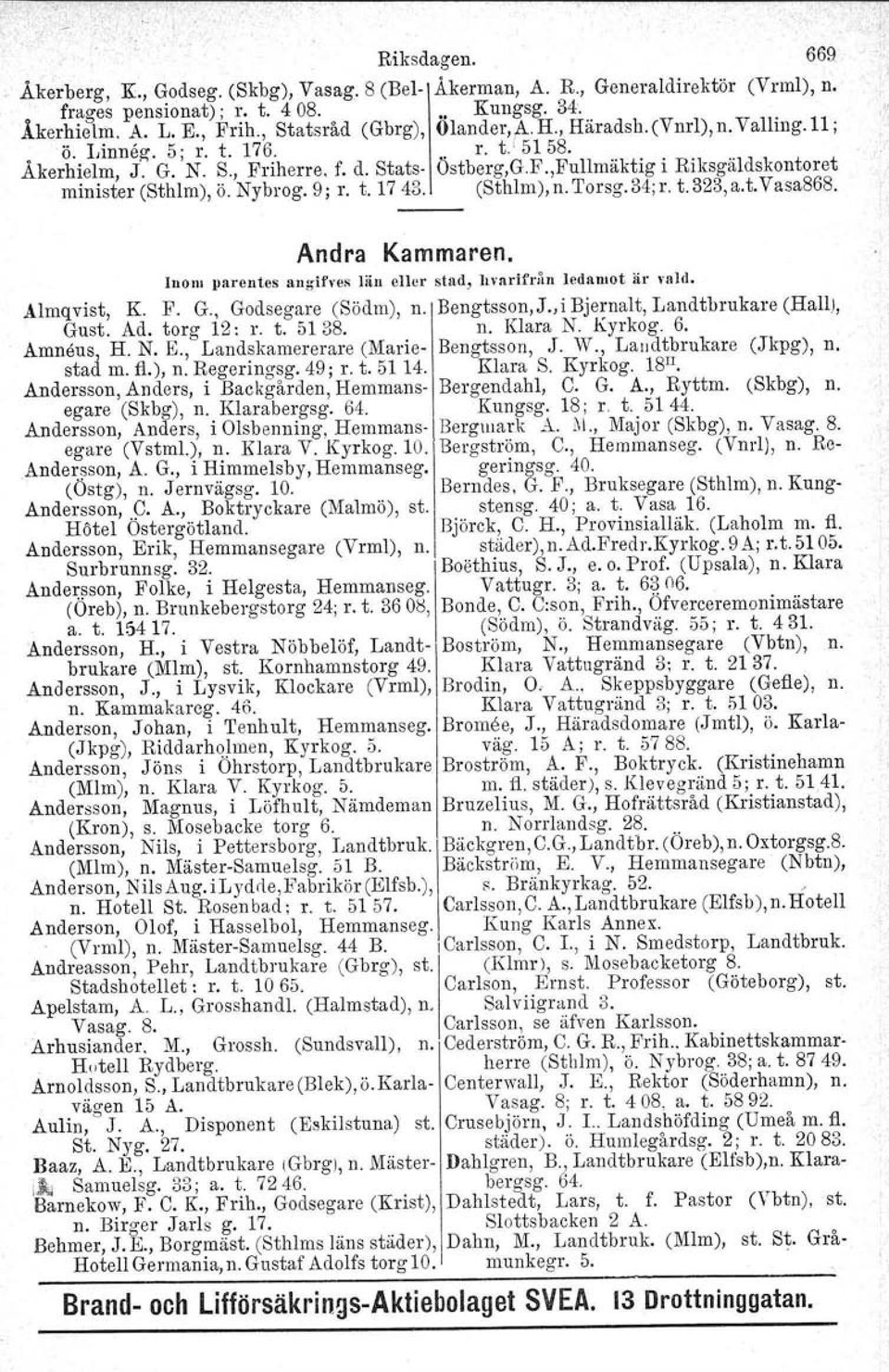 9; r. t. 1743. (Sthlm), n. Torsg. 34; r, t. 323, a.t, Vasa868. Andra Kammaren. Inom parentes augtfves län eller stad, ll\'nrifrån ledamot är va ld, Almqvist, K. F. G,. Godsegare (Södm), n.