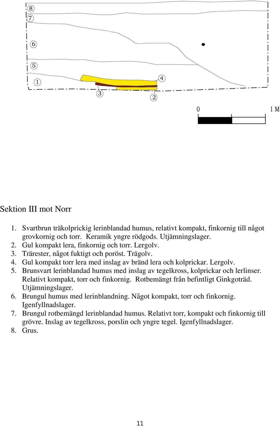 Brunsvart lerinblandad humus med inslag av tegelkross, kolprickar och lerlinser. Relativt kompakt, torr och finkornig. Rotbemängt från befintligt Ginkgoträd. Utjämningslager. 6.