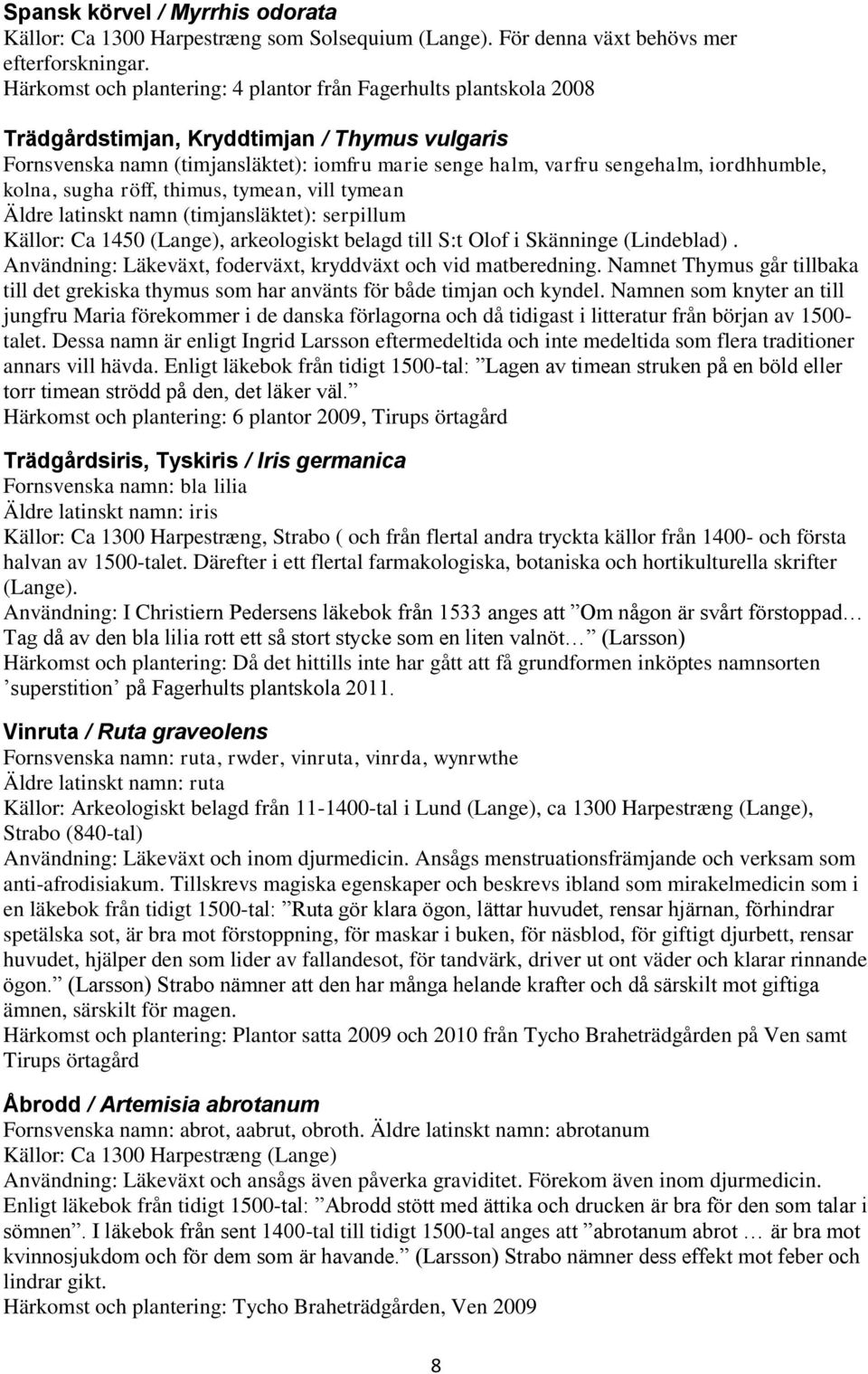 iordhhumble, kolna, sugha röff, thimus, tymean, vill tymean Äldre latinskt namn (timjansläktet): serpillum Källor: Ca 1450 (Lange), arkeologiskt belagd till S:t Olof i Skänninge (Lindeblad).