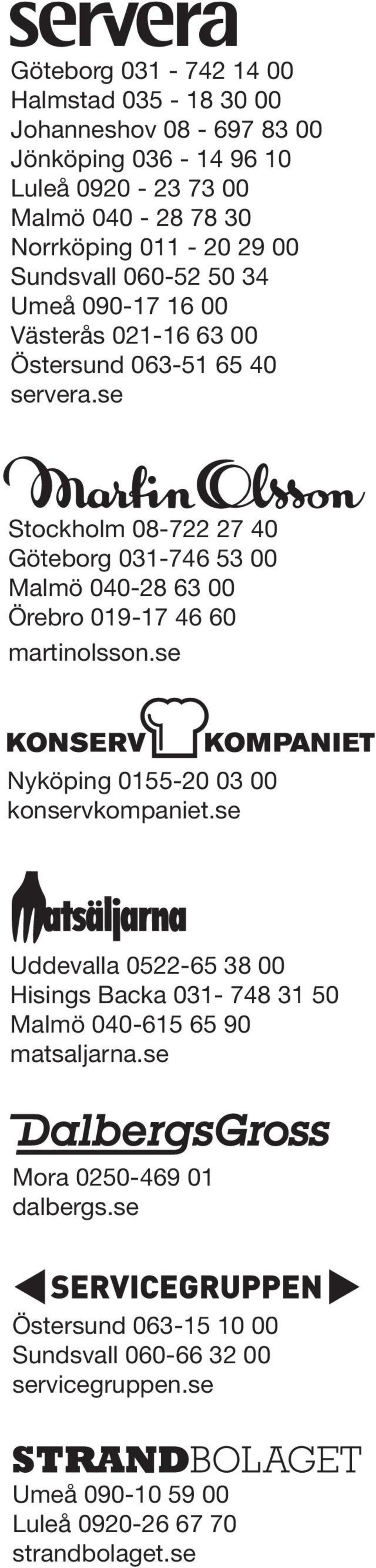 se Stockholm 08-722 27 40 Göteborg 031-746 53 00 Malmö 040-28 63 00 Örebro 019-17 46 60 martinolsson.se Nyköping 0155-20 03 00 konservkompaniet.