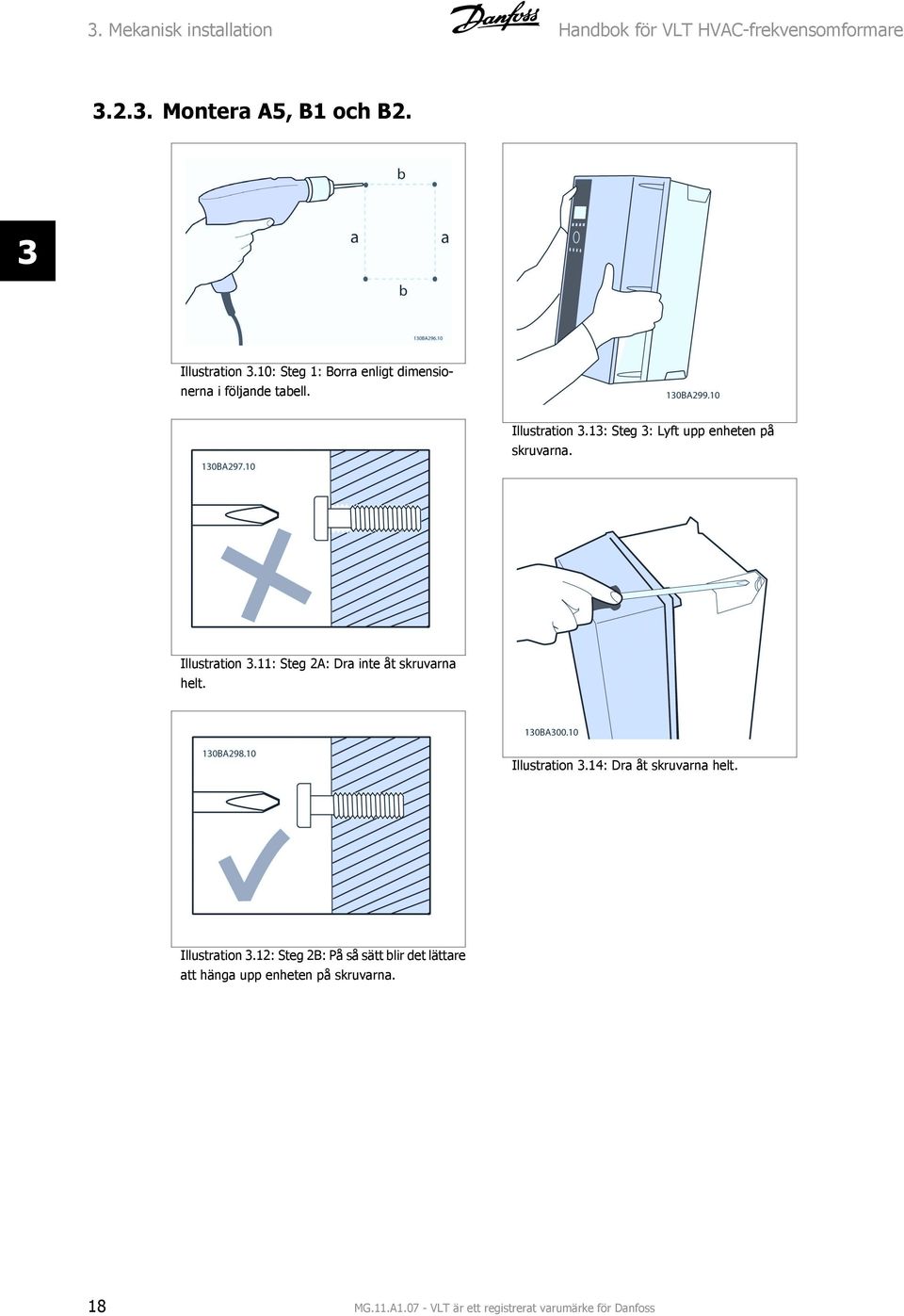 Illustration 3.11: Steg 2A: Dra inte åt skruvarna helt. Illustration 3.