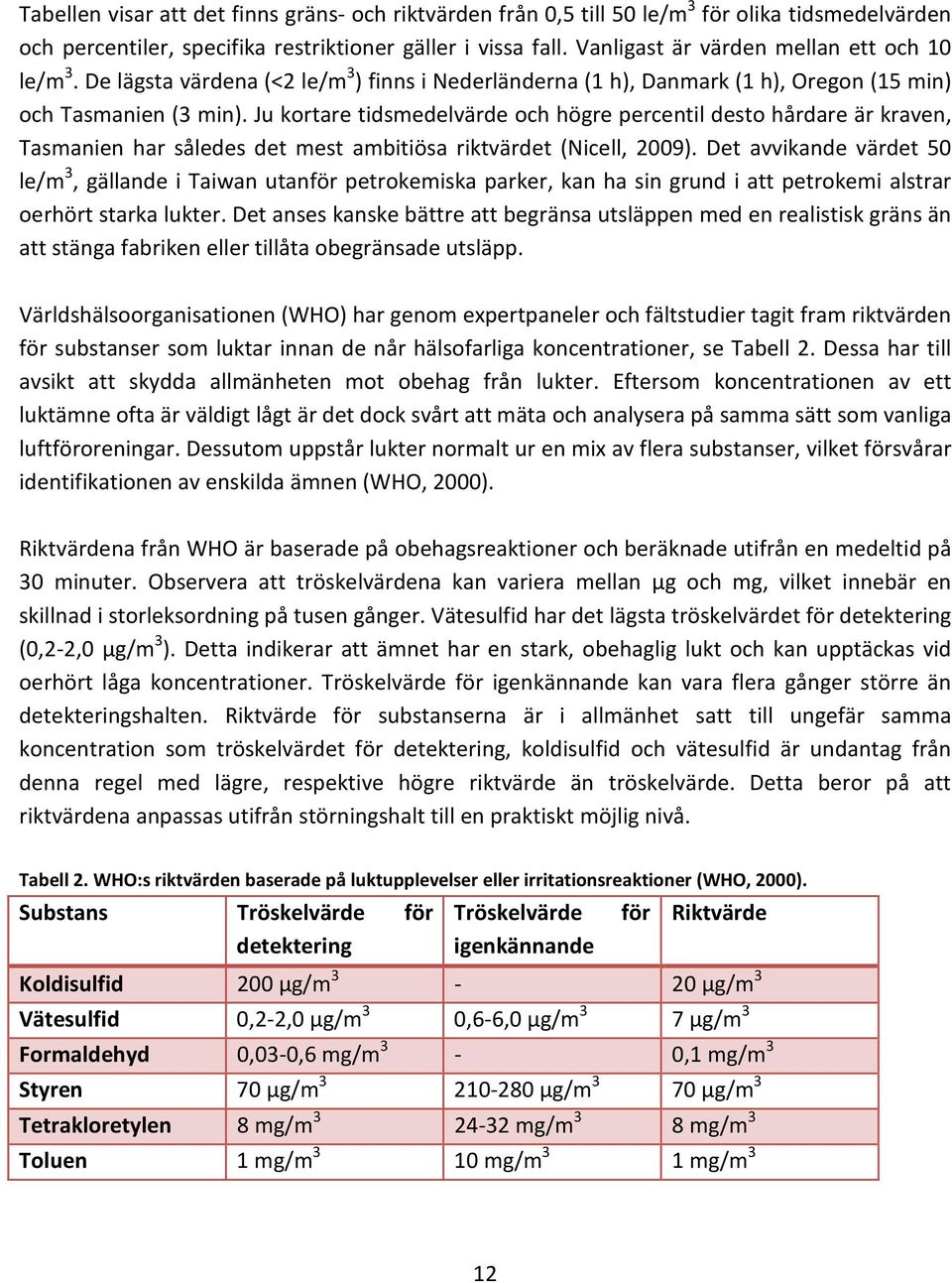 Ju kortare tidsmedelvärde och högre percentil desto hårdare är kraven, Tasmanien har således det mest ambitiösa riktvärdet (Nicell, 2009).