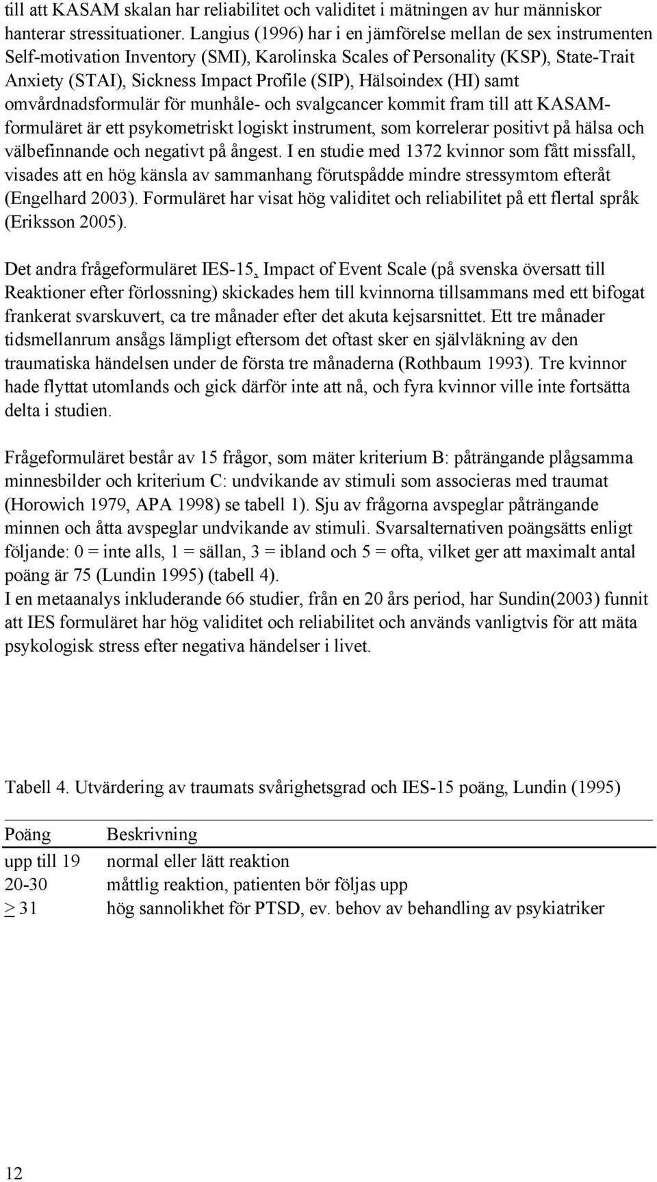 Hälsoindex (HI) samt omvårdnadsformulär för munhåle- och svalgcancer kommit fram till att KASAMformuläret är ett psykometriskt logiskt instrument, som korrelerar positivt på hälsa och välbefinnande