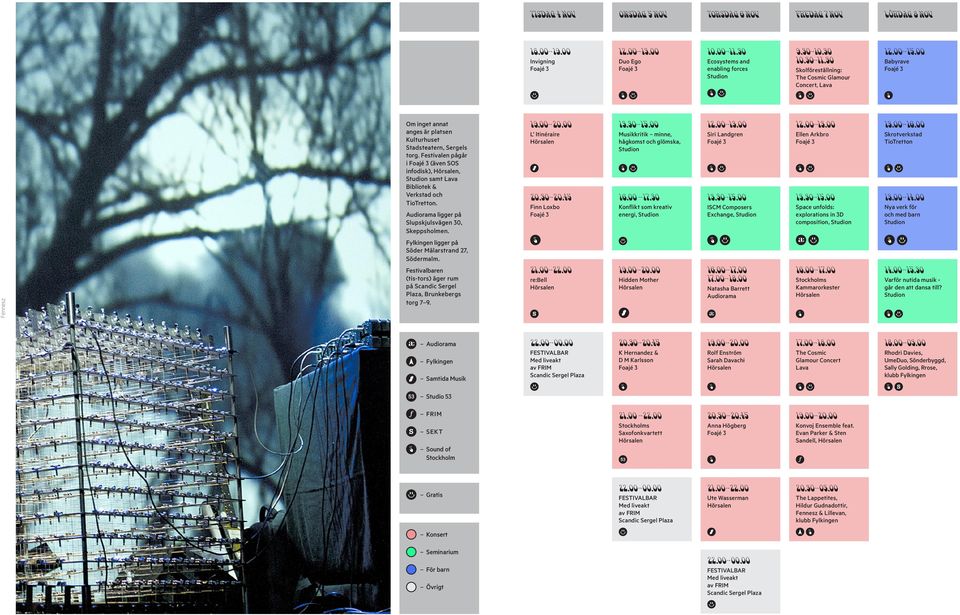 Festivalen pågår i Foajé 3 (även SOS infodisk), Hörsalen, Studion samt Lava Bibliotek & Verkstad och TioTretton. Audiorama ligger på Slupskjulsvägen 30, Skeppsholmen. 19.00 20.