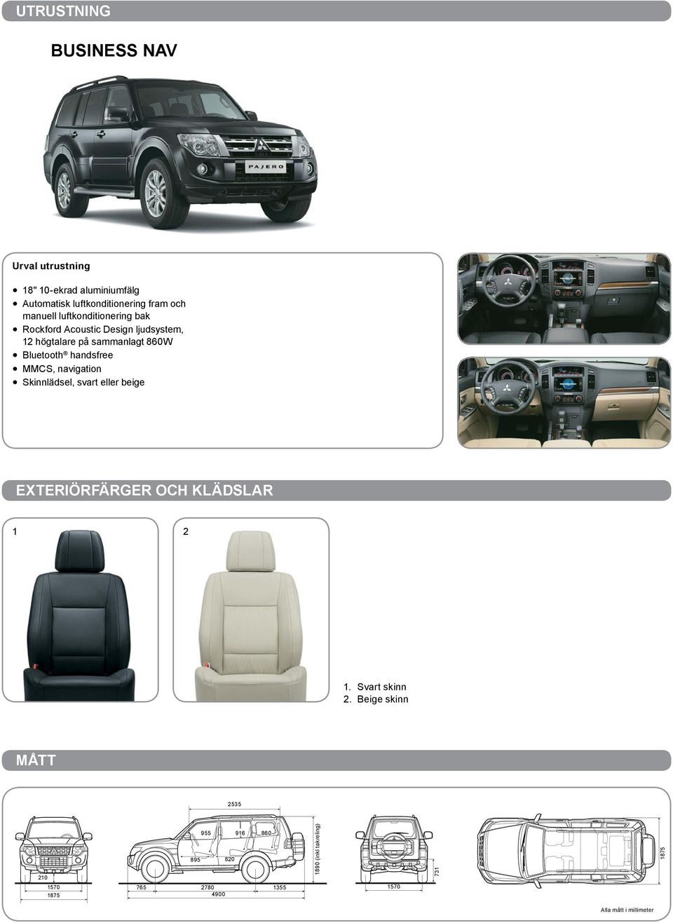MMCS, navigation Skinnlädsel, svart eller beige EXTERIÖRFÄRGER OCH KLÄDSLAR 1 2 1. Svart skinn 2.