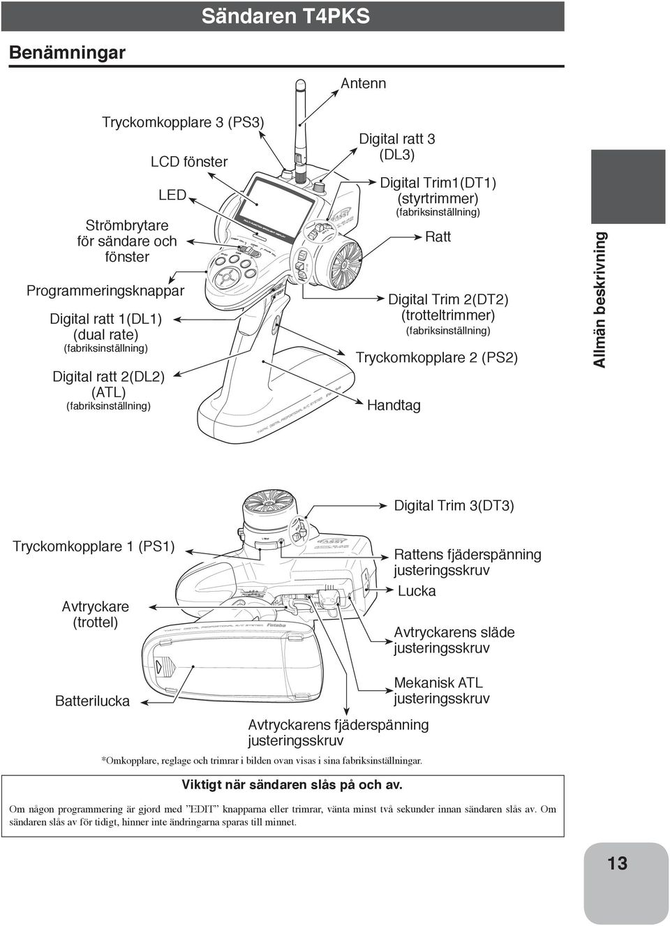 (PS2) Allmän beskrivning Digital Trim 3(DT3) Tryckomkopplare 1 (PS1) Avtryckare (trottel) Rattens fjäderspänning justeringsskruv Lucka Avtryckarens släde justeringsskruv Batterilucka Mekanisk ATL