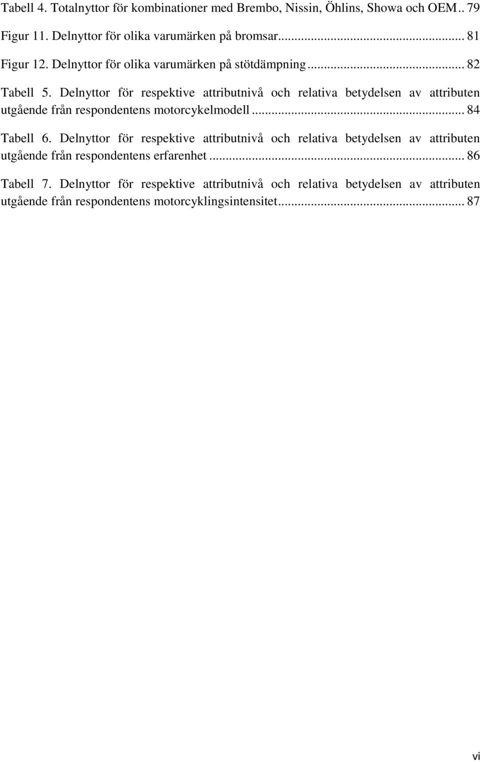 Delnyttor för respektive attributnivå och relativa betydelsen av attributen utgående från respondentens motorcykelmodell... 84 Tabell 6.