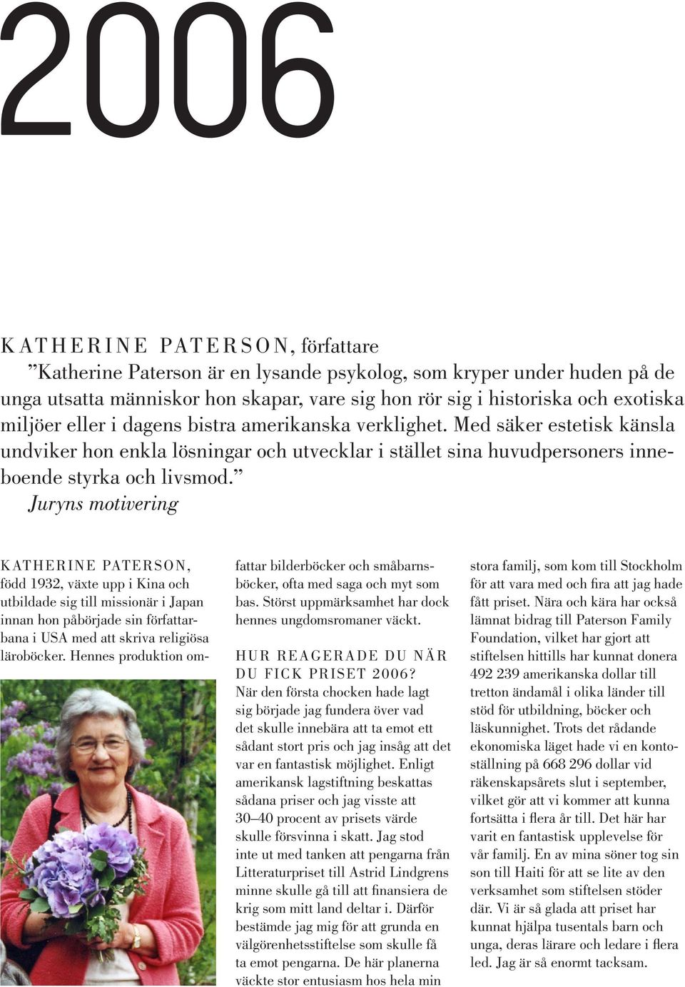 Juryns motivering KATHERINE PATERSON, född 1932, växte upp i Kina och utbildade sig till missionär i Japan innan hon påbörjade sin författarbana i USA med att skriva religiösa läroböcker.