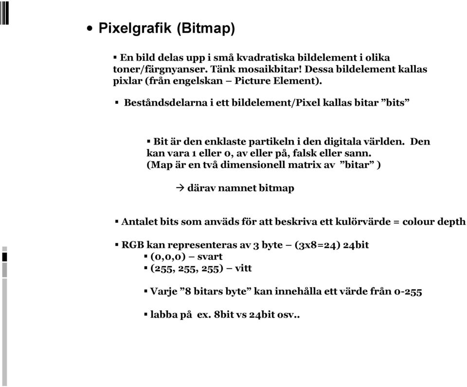 Beståndsdelarna i ett bildelement/pixel kallas bitar bits Bit är den enklaste partikeln i den digitala världen.