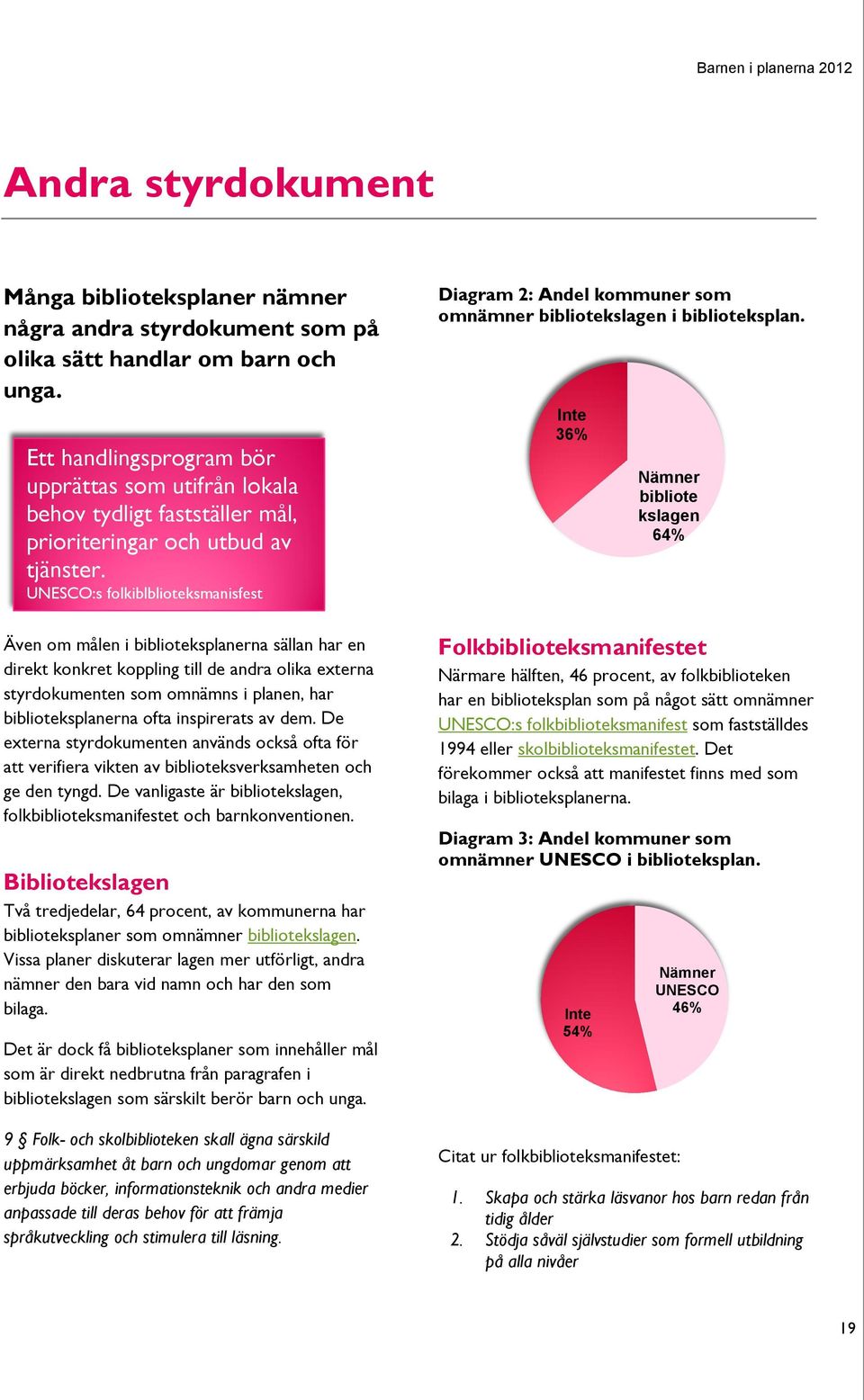 UNESCO:s folkiblblioteksmanisfest Även om målen i biblioteksplanerna sällan har en direkt konkret koppling till de andra olika externa styrdokumenten som omnämns i planen, har biblioteksplanerna ofta