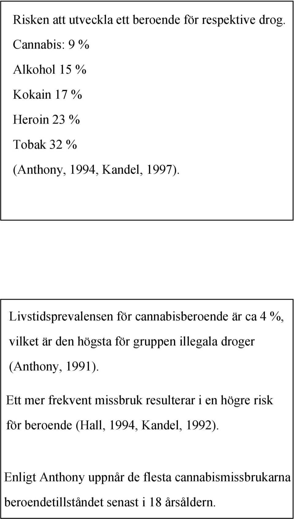 Livstidsprevalensen för cannabisberoende är ca 4 %, vilket är den högsta för gruppen illegala droger (Anthony,