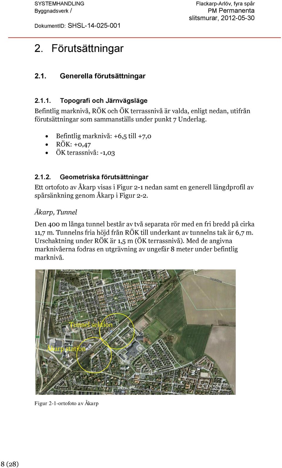 1.2. Geometriska förutsättningar Ett ortofoto av Åkarp visas i Figur 2-1 nedan samt en generell längdprofil av spårsänkning genom Åkarp i Figur 2-2.