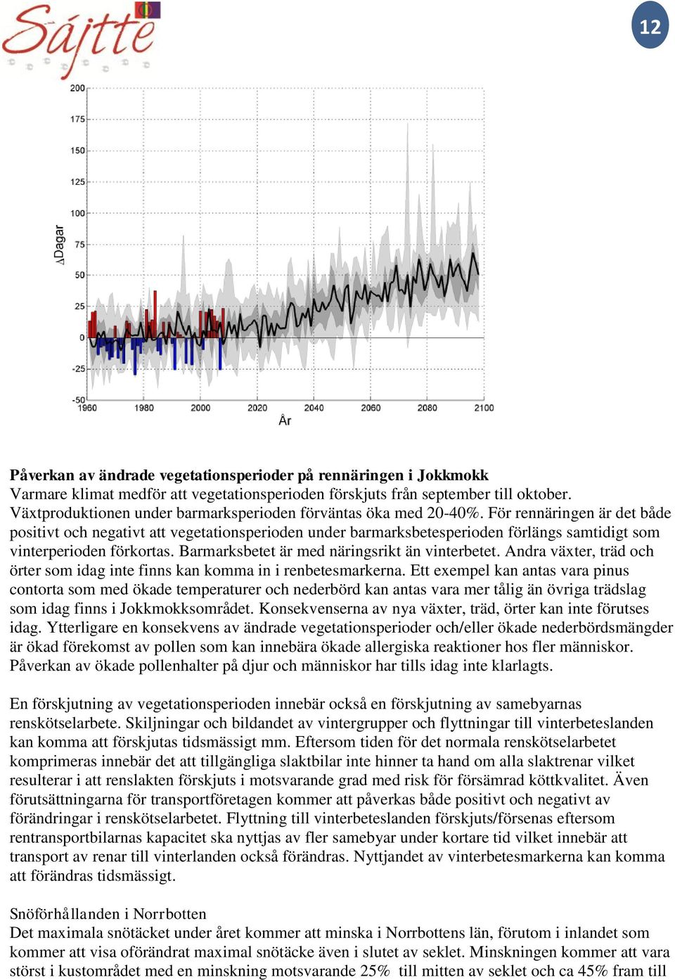 För rennäringen är det både positivt och negativt att vegetationsperioden under barmarksbetesperioden förlängs samtidigt som vinterperioden förkortas. Barmarksbetet är med näringsrikt än vinterbetet.