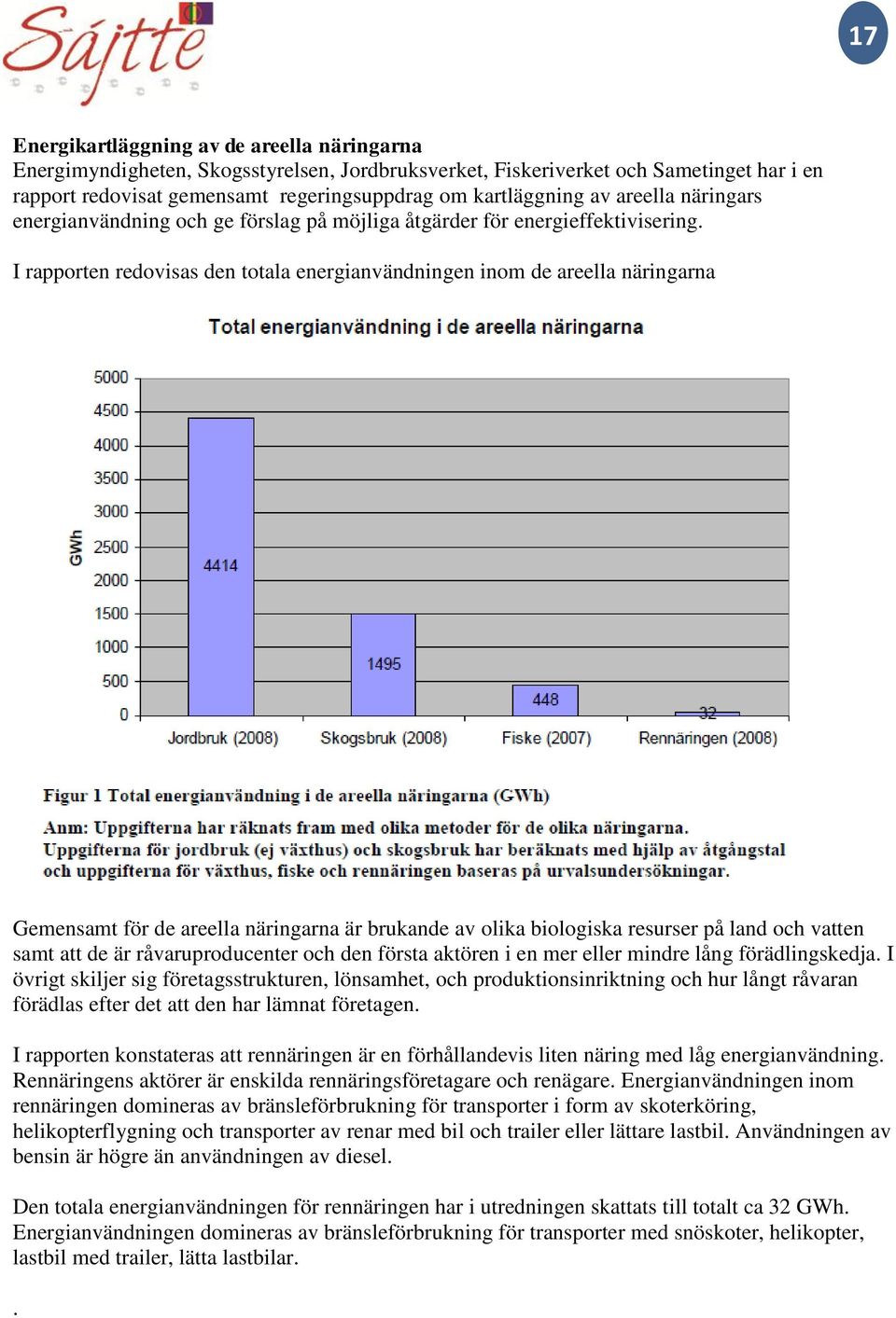 I rapporten redovisas den totala energianvändningen inom de areella näringarna Gemensamt för de areella näringarna är brukande av olika biologiska resurser på land och vatten samt att de är