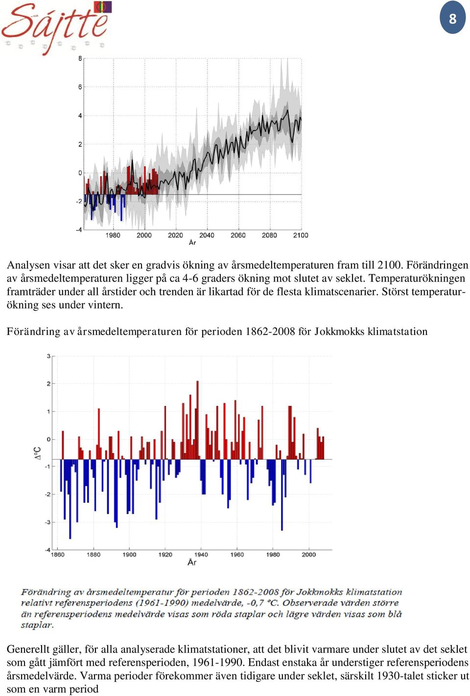 Förändring av årsmedeltemperaturen för perioden 1862-2008 för Jokkmokks klimatstation Generellt gäller, för alla analyserade klimatstationer, att det blivit varmare under slutet av