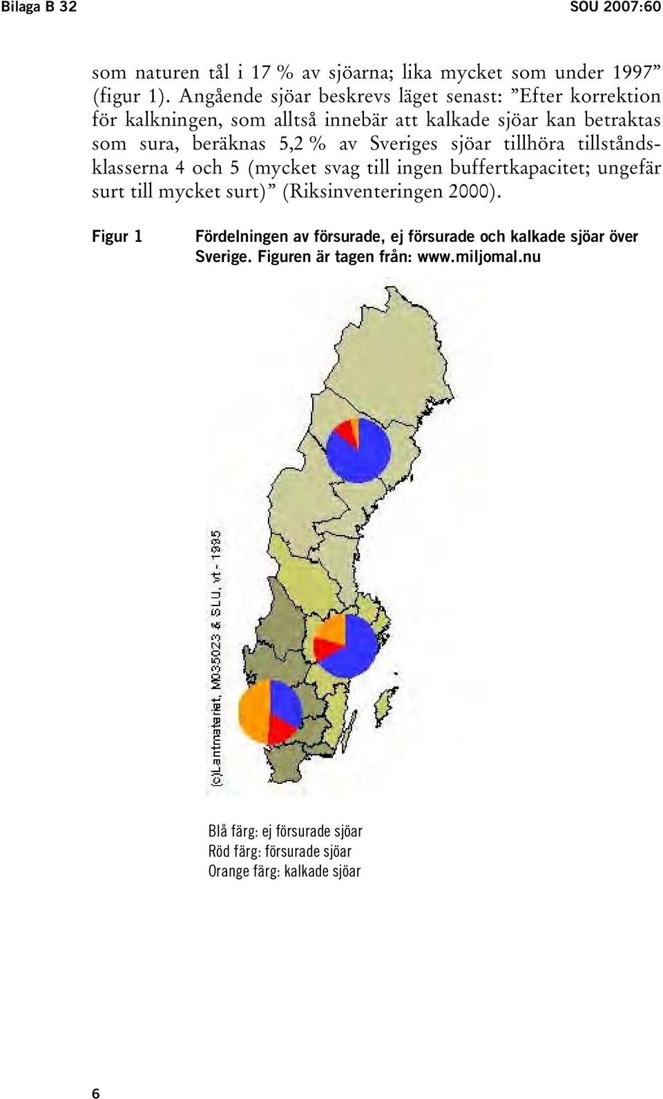 Sveriges sjöar tillhöra tillståndsklasserna 4 och 5 (mycket svag till ingen buffertkapacitet; ungefär surt till mycket surt) (Riksinventeringen 2000).