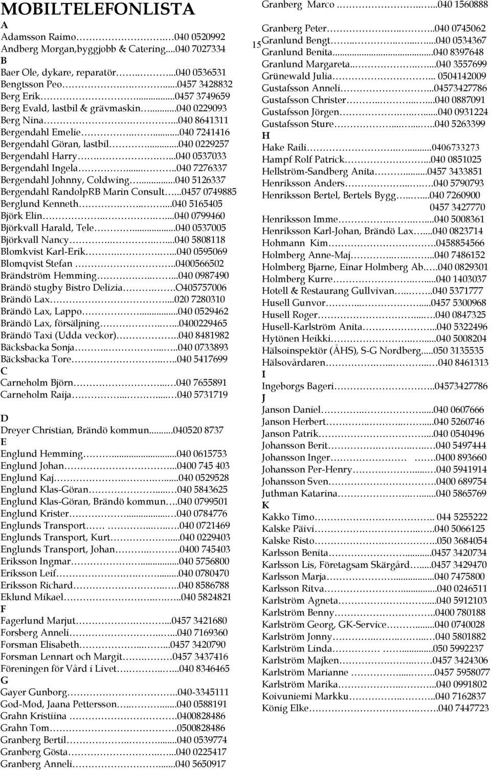 ....040 0537033 Bergendahl Ingela.....040 7276337 Bergendahl Johnny, Coldwing...040 5126337 Bergendahl RandolpRB Marin Consult...0457 0749885 Berglund Kenneth......040 5165405 Björk Elin.
