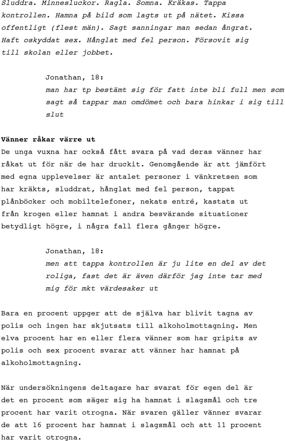 Jonathan, 18: man har tp bestämt sig för fatt inte bli full men som sagt så tappar man omdömet och bara hinkar i sig till slut Vänner råkar värre ut De unga vuxna har också fått svara på vad deras