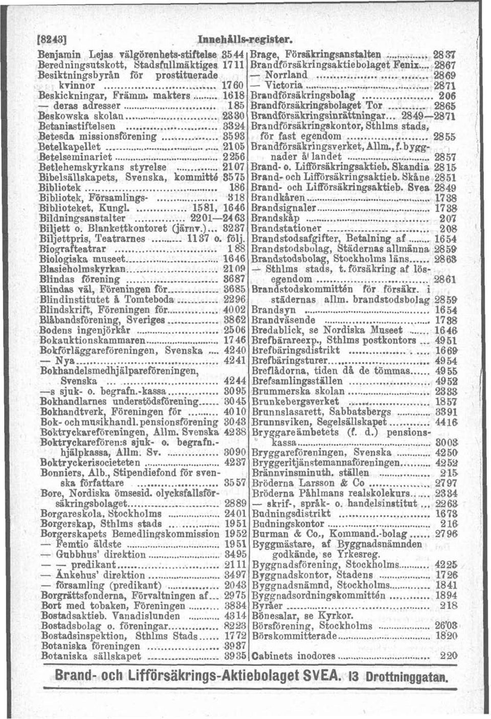 bolag 206 - deras afresser 185 BrandförsikringsDolaget Tor - 2865 Beskowska skolan 2330 Brandförs&kringsinrattningar 2849-2871 Betanisstiftelsen 3324 Brandförsäkringskontor, Sthlms stads, Betesda