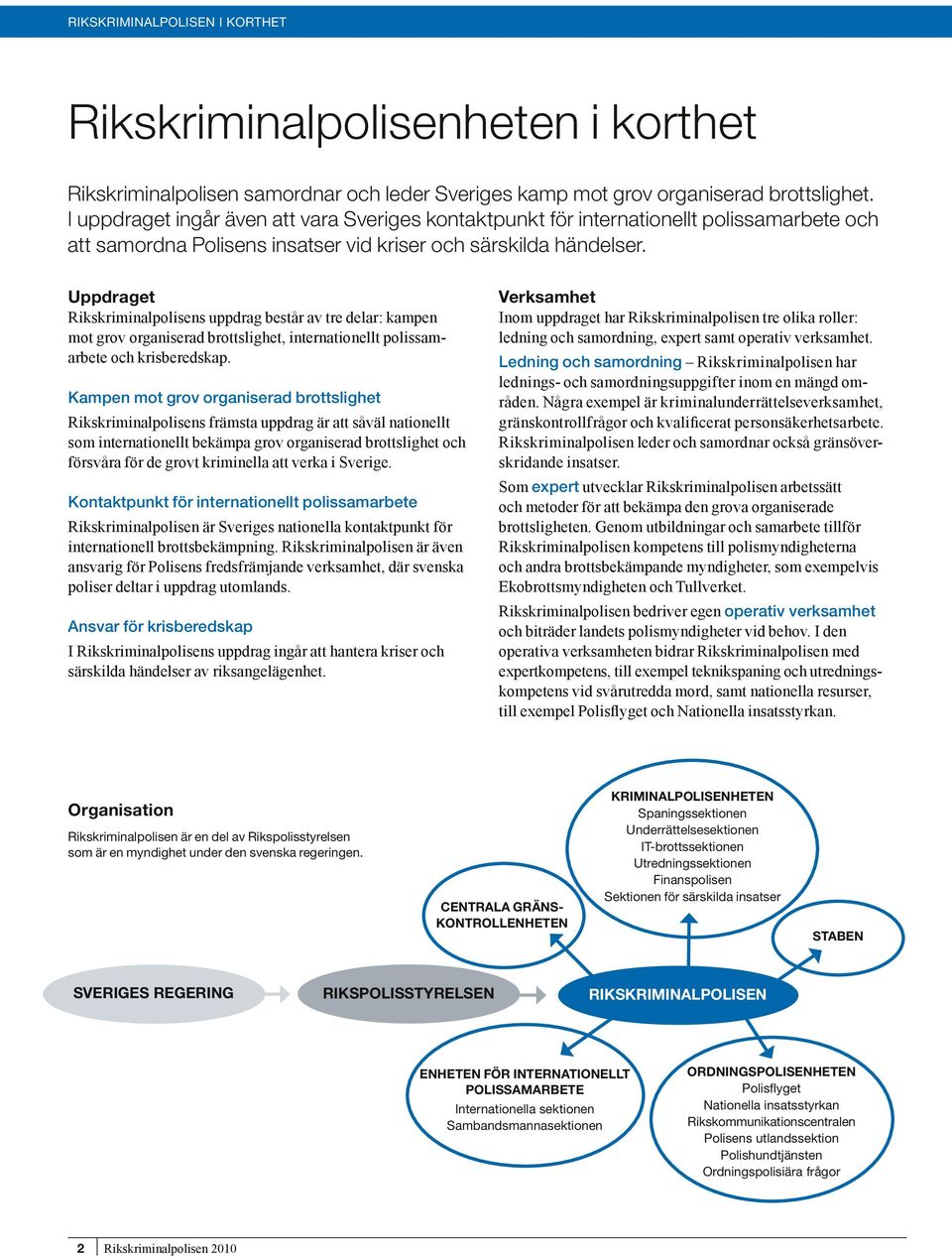 Uppdraget Rikskriminalpolisens uppdrag består av tre delar: kampen mot grov organiserad brottslighet, internationellt polissamarbete och krisberedskap.