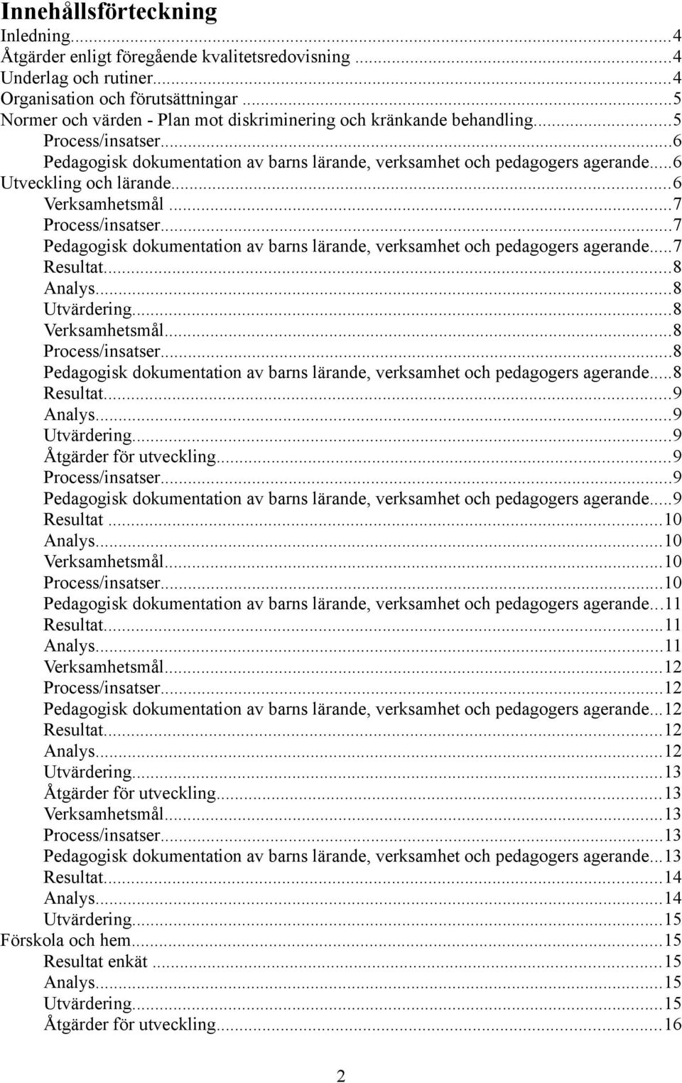 ..6 Utveckling och lärande...6 Verksamhetsmål...7 Process/insatser...7 Pedagogisk dokumentation av barns lärande, verksamhet och pedagogers agerande...7 Resultat...8 Analys...8 Utvärdering.