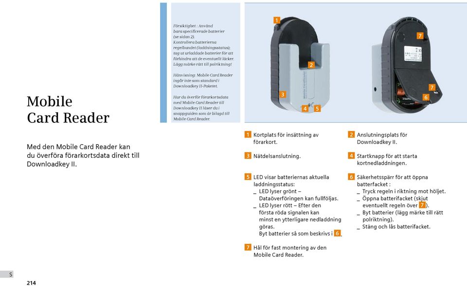 Hur du överför förarkortsdata med Mobile Card Reader till Downloadkey II läser du i snappguiden som är bilagd till Mobile Card Reader.