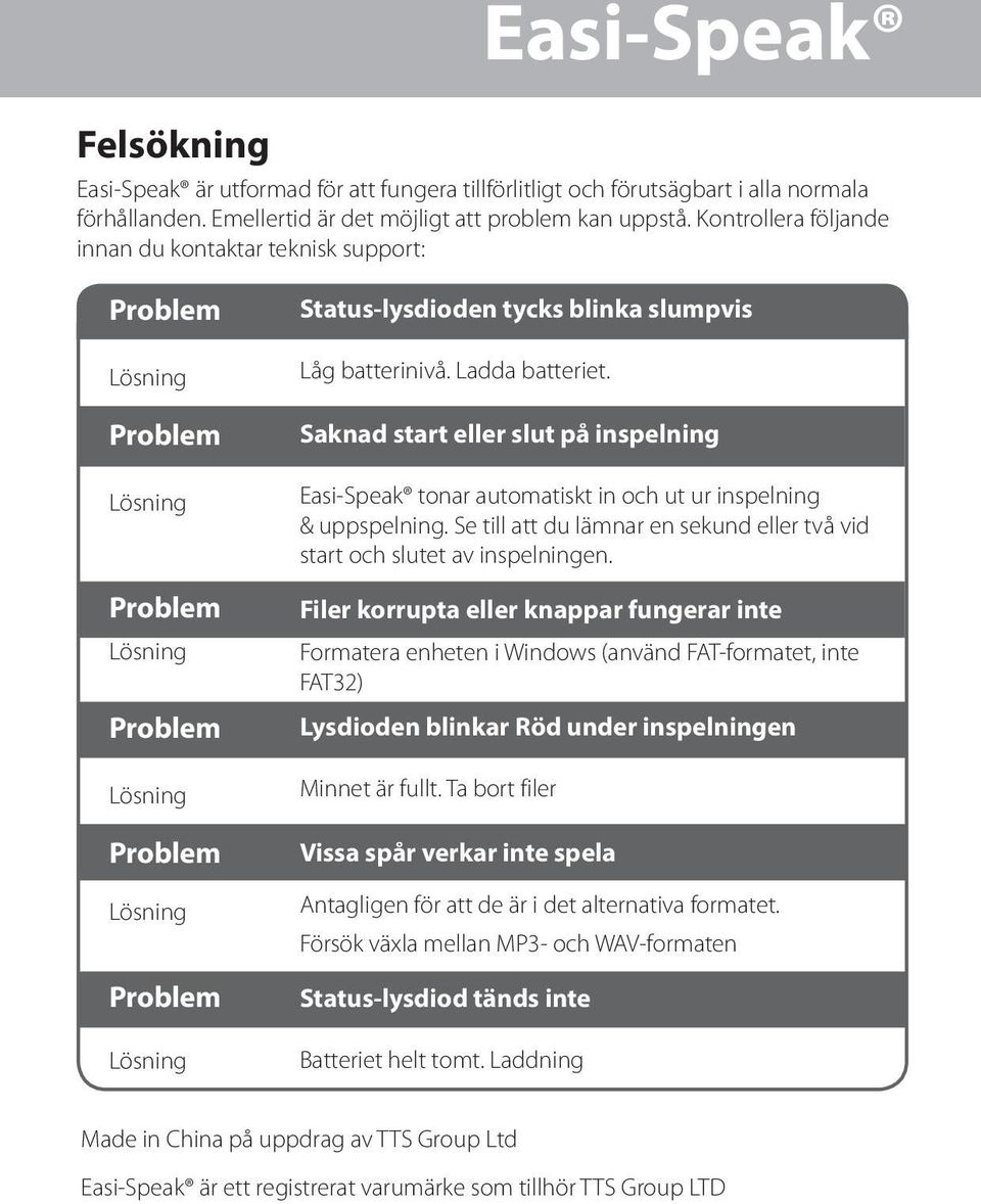 Saknad start eller slut på inspelning Easi-Speak tonar automatiskt in och ut ur inspelning & uppspelning. Se till att du lämnar en sekund eller två vid start och slutet av inspelningen.