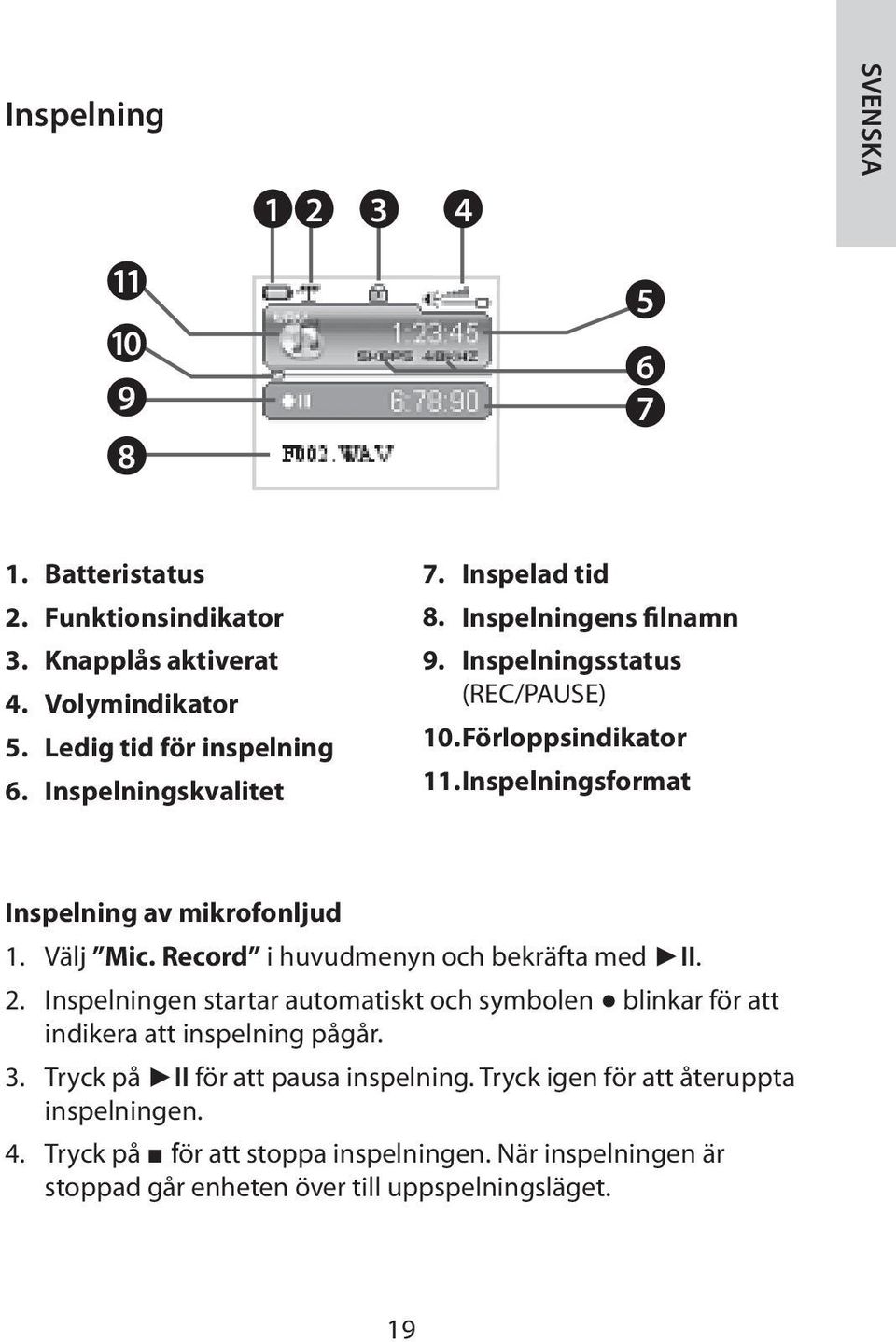 Inspelningsformat Inspelning av mikrofonljud 1. Välj Mic. Record i huvudmenyn och bekräfta med II. 2.