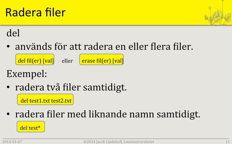 del Lil(er) [val] eller erase Lil(er) [val] Exempel: radera två