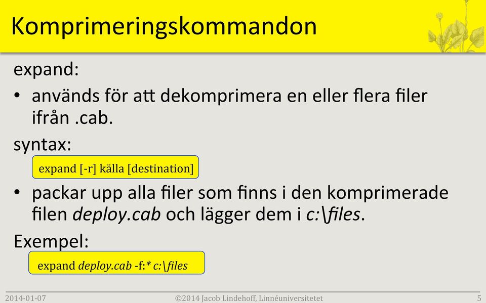 syntax: expand [- r] källa [destination] packar upp alla filer som finns i den