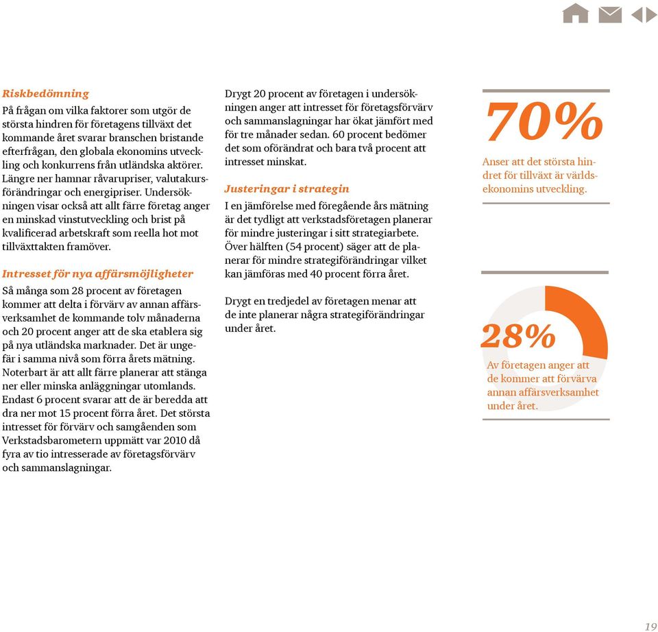 Undersökningen visar också att allt färre företag anger en minskad vinstutveckling och brist på kvalificerad arbetskraft som reella hot mot tillväxttakten framöver.