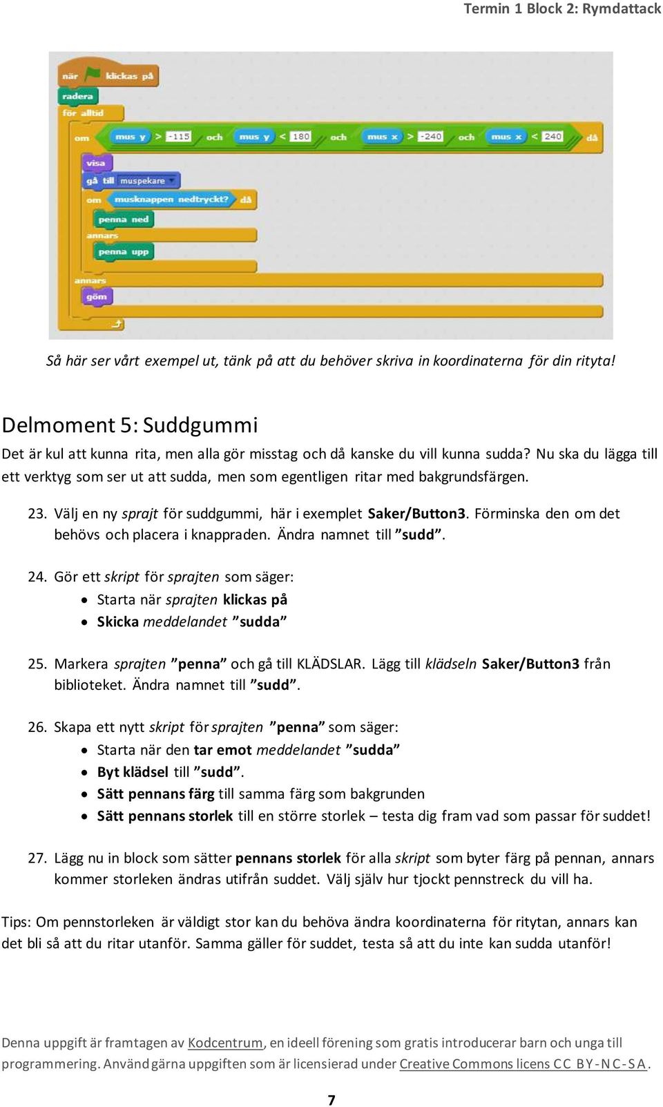 Förminska den om det behövs och placera i knappraden. Ändra namnet till sudd. 24. Gör ett skript för sprajten som säger: Starta när sprajten klickas på Skicka meddelandet sudda 25.