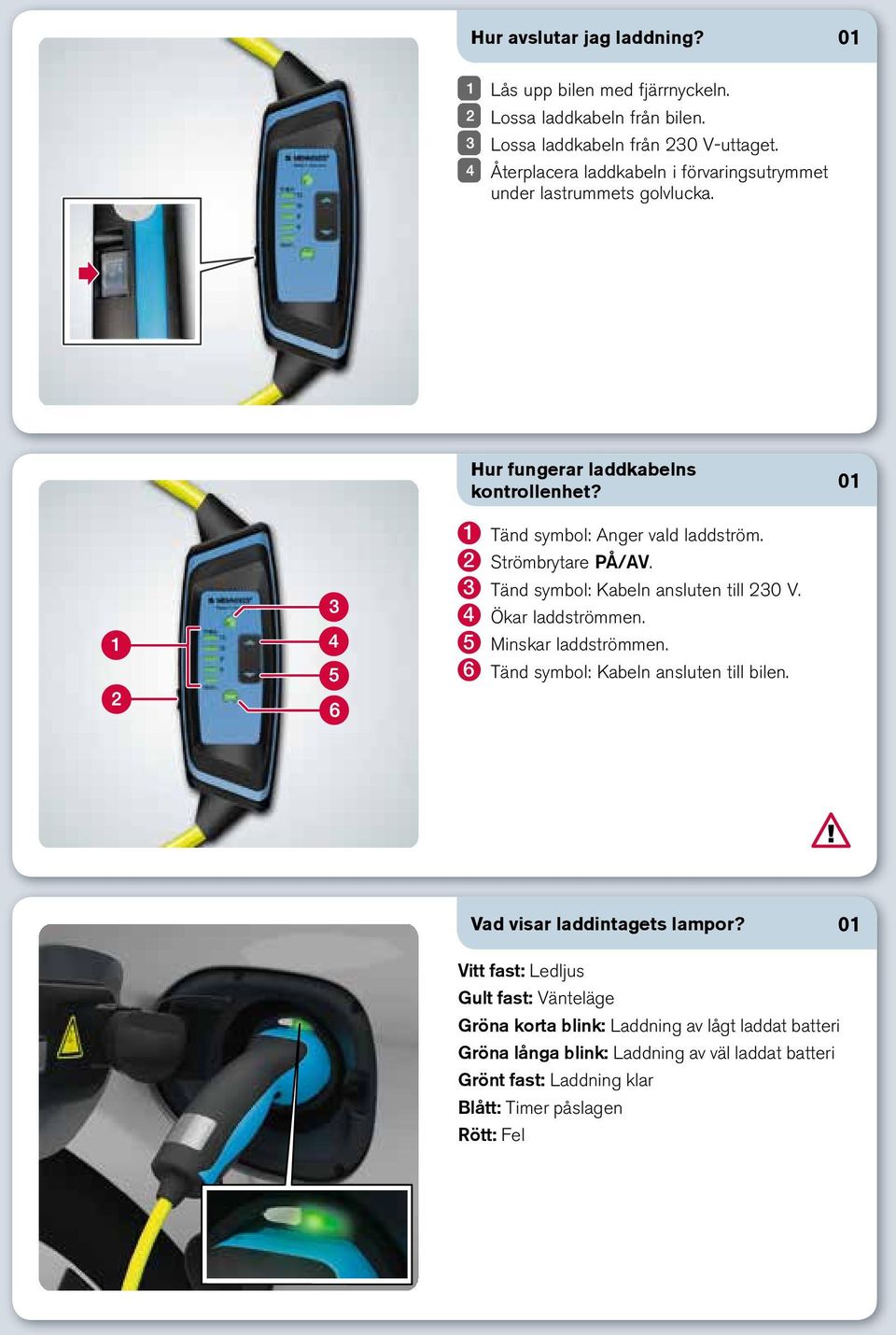 2 Strömbrytare PÅ/AV. 3 Tänd symbol: Kabeln ansluten till 230 V. 4 Ökar laddströmmen. 5 Minskar laddströmmen. 6 Tänd symbol: Kabeln ansluten till bilen.
