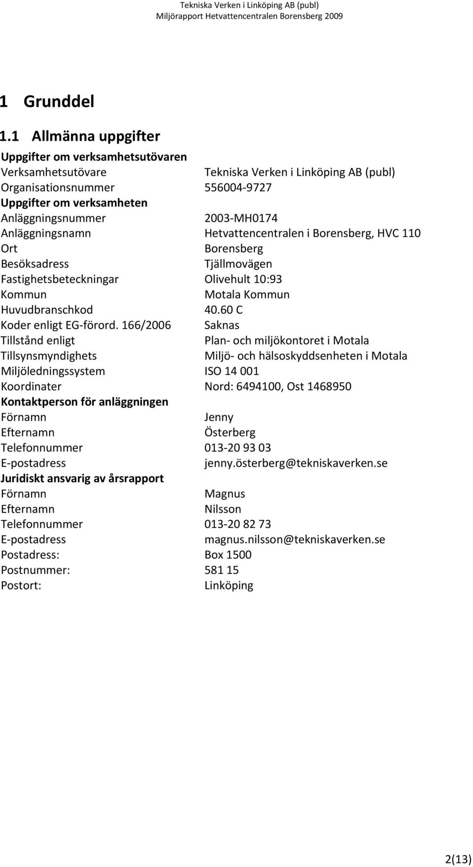 Anläggningsnamn Hetvattencentralen i Borensberg, HVC 110 Ort Borensberg Besöksadress Tjällmovägen Fastighetsbeteckningar Olivehult 10:93 Kommun Motala Kommun Huvudbranschkod 40.