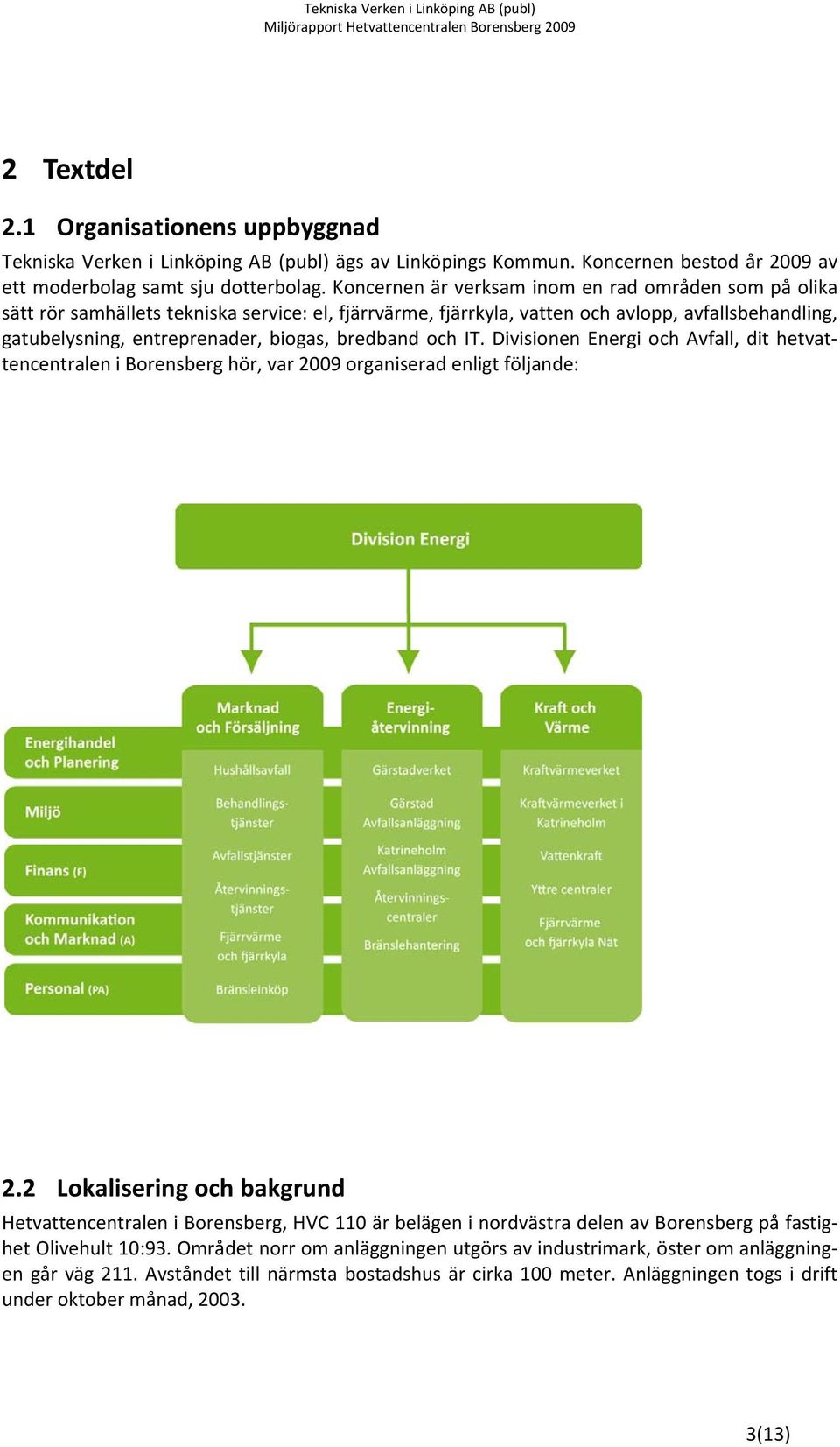 bredband och IT. Divisionen Energi och Avfall, dit hetvattencentralen i Borensberg hör, var 2009 organiserad enligt följande: 2.