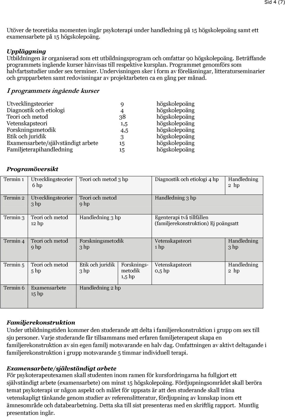 Programmet genomförs som halvfartsstudier under sex terminer.