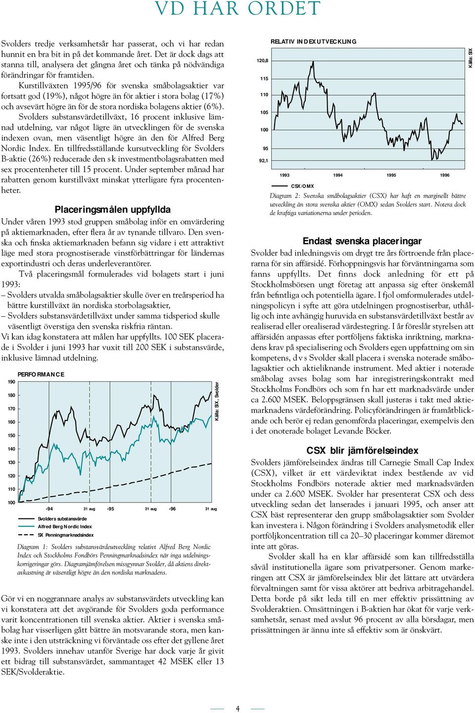 Kurstillväxten 1995/96 för svenska småbolagsaktier var fortsatt god (19%), något högre än för aktier i stora bolag (17%) och avsevärt högre än för de stora nordiska bolagens aktier (6%).